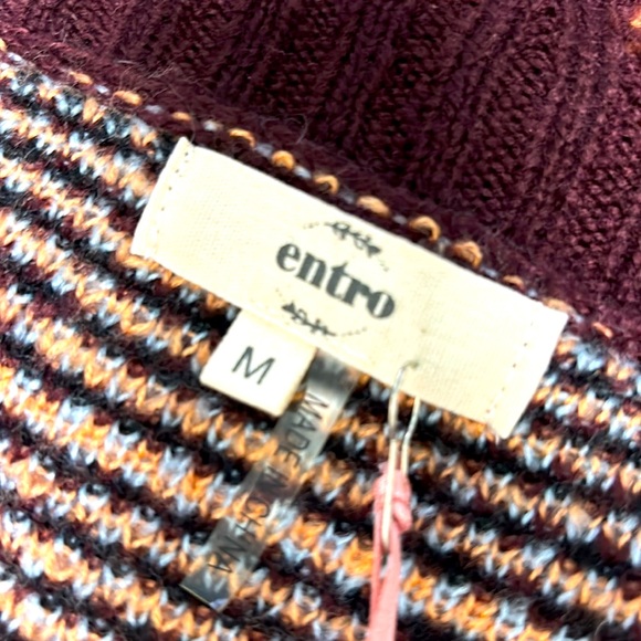 Entro gorgeous burgundy sweater top fringe unique plaid striped lovely pattern M - Picture 4 of 15